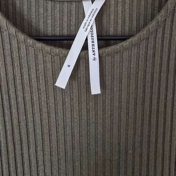 Anthropologie Olive Green Ribbed Knit Midi Dress Sz S Asym Hem Boho Chic - Picture 4 of 5